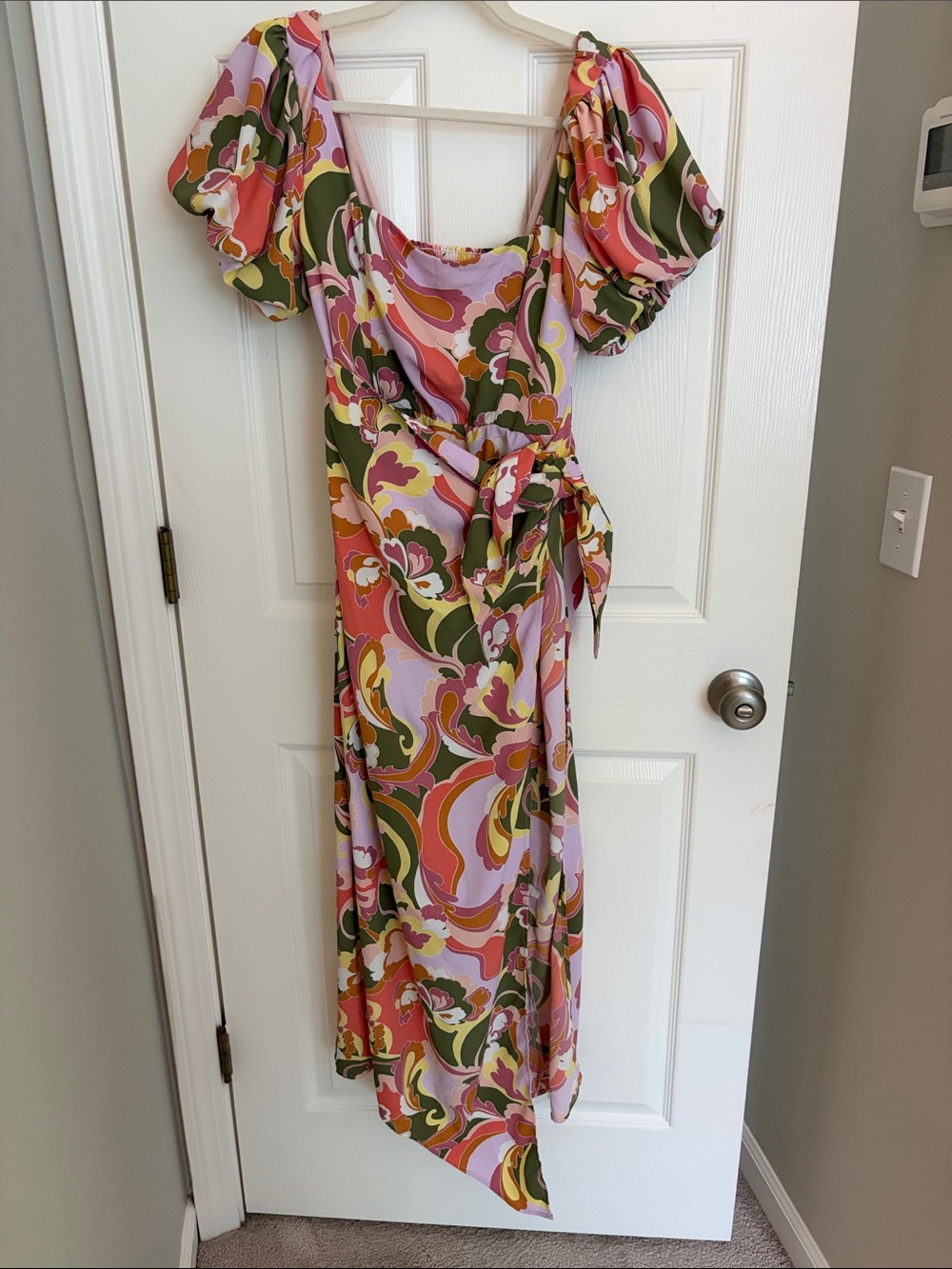 Show Me Your MuMu Pink, Olive & Coral Swirl Midi Wrap Dress
